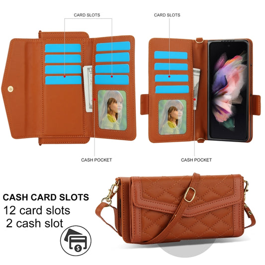 For Samsung Galaxy Z Fold3 5G Splicing Rhombic Texture Card Holder Phone Case with Lanyard, Not Included Pen(Brown) - Galaxy Phone Cases by buy2fix | Online Shopping UK | buy2fix