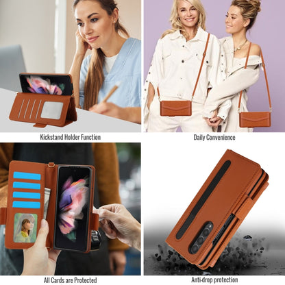 For Samsung Galaxy Z Fold3 5G Splicing Rhombic Texture Card Holder Phone Case with Lanyard, Not Included Pen(Brown) - Galaxy Phone Cases by buy2fix | Online Shopping UK | buy2fix