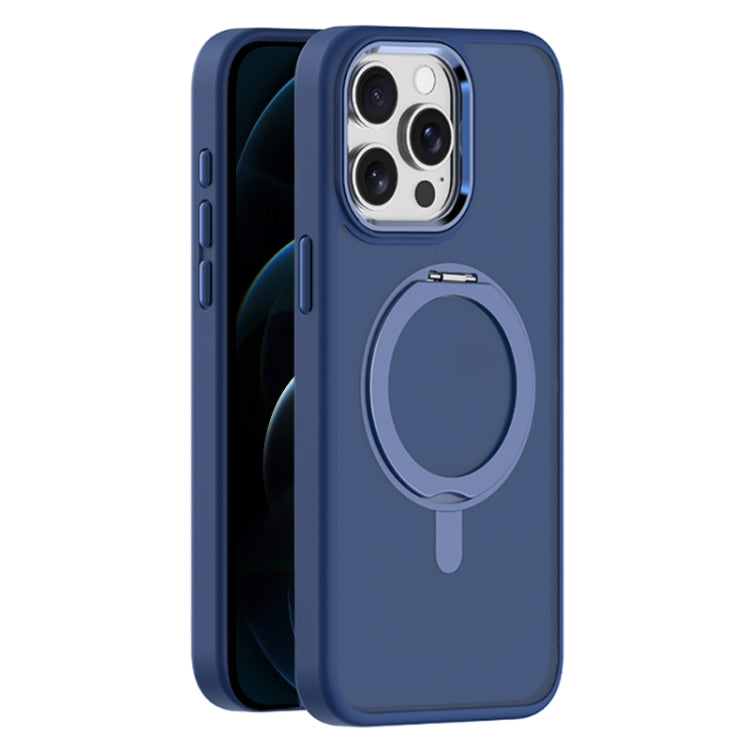 For iPhone 12 Pro Max Skin Feel Frosted MagSafe Magnetic Rotating Holder Phone Case(Dark Blue) - iPhone 12 Pro Max Cases by buy2fix | Online Shopping UK | buy2fix