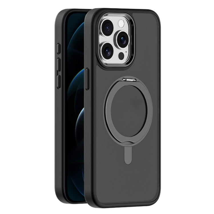 For iPhone 12 Pro Max Skin Feel Frosted MagSafe Magnetic Rotating Holder Phone Case(Black) - iPhone 12 Pro Max Cases by buy2fix | Online Shopping UK | buy2fix