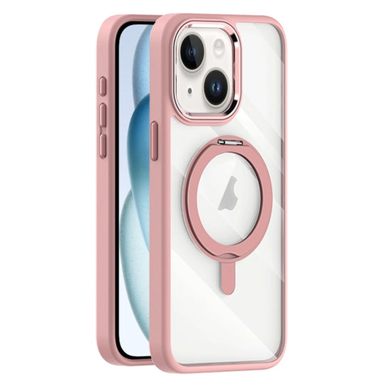 For iPhone 15 Plus Transparent MagSafe Magnetic Rotating Holder Phone Case(Pink)