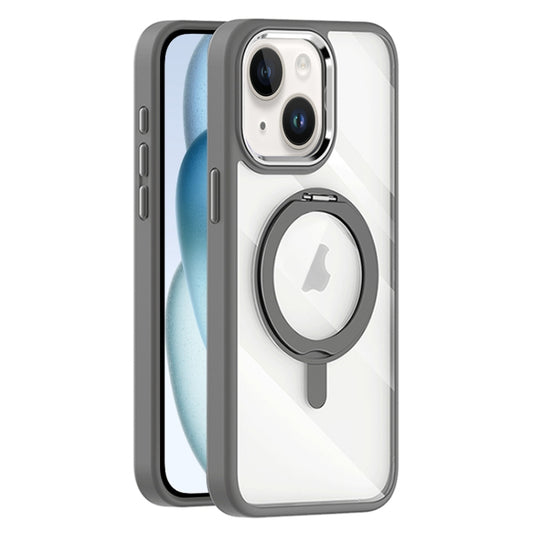 For iPhone 15 Transparent MagSafe Magnetic Rotating Holder Phone Case(Light Grey) - iPhone 15 Cases by buy2fix | Online Shopping UK | buy2fix