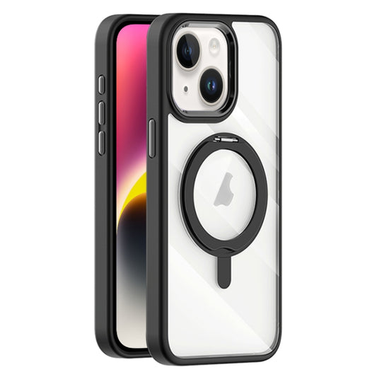 For iPhone 14 Plus Transparent MagSafe Magnetic Rotating Holder Phone Case(Black) - iPhone 14 Plus Cases by buy2fix | Online Shopping UK | buy2fix