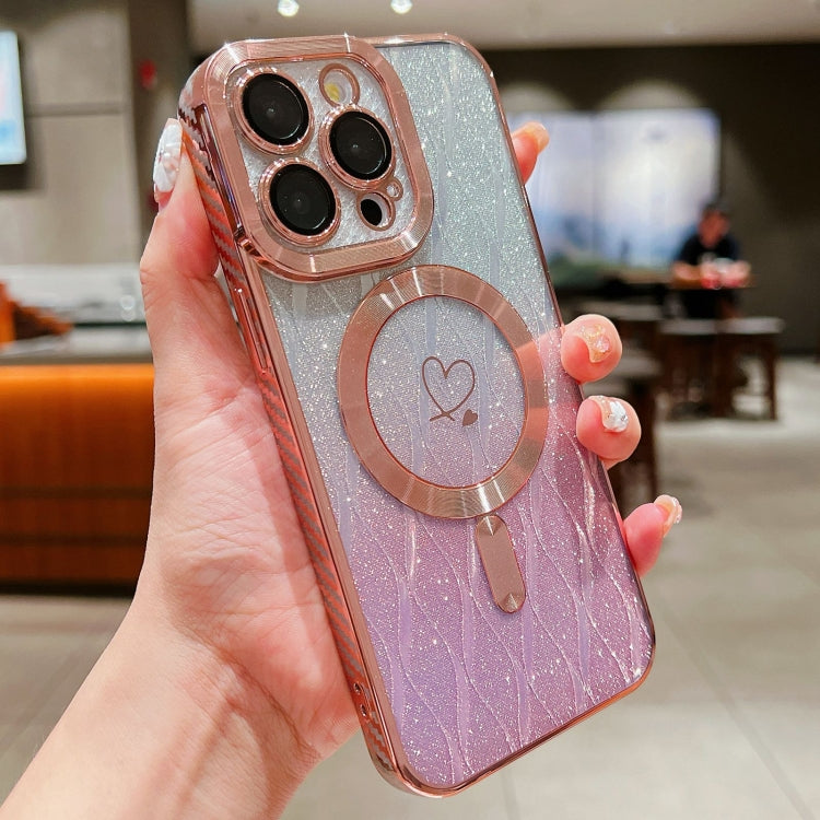 For iPhone 15 Pro Loves Leaves Gradient Glitter Carbon Fiber Magsafe TPU Phone Case(Pink) by buy2fix