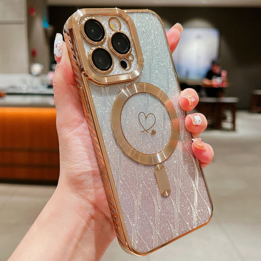 For iPhone 15 Pro Loves Leaves Gradient Glitter Carbon Fiber Magsafe TPU Phone Case(Gold) by buy2fix