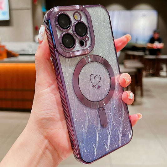 For iPhone 15 Pro Loves Leaves Gradient Glitter Carbon Fiber Magsafe TPU Phone Case(Purple) by buy2fix