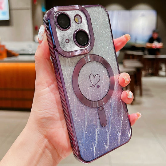 For iPhone 15 Plus Loves Leaves Gradient Glitter Carbon Fiber Magsafe TPU Phone Case(Purple)