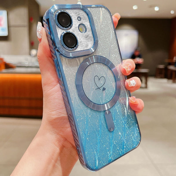 For iPhone 12 Loves Leaves Gradient Glitter Carbon Fiber Magsafe TPU Phone Case(Blue) by buy2fix