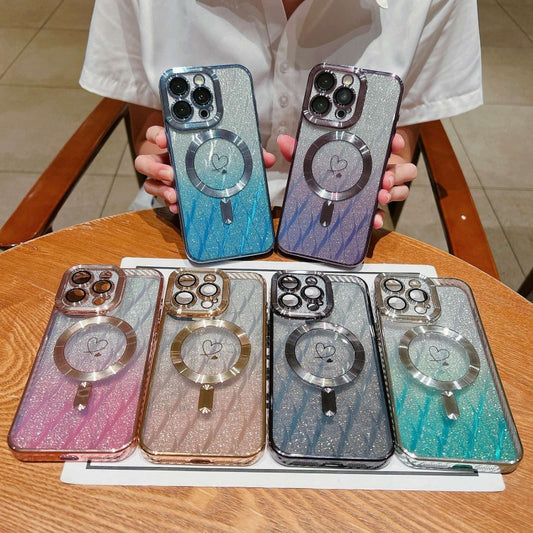 For iPhone 13 Loves Leaves Gradient Glitter Carbon Fiber Magsafe TPU Phone Case(Blue) by buy2fix