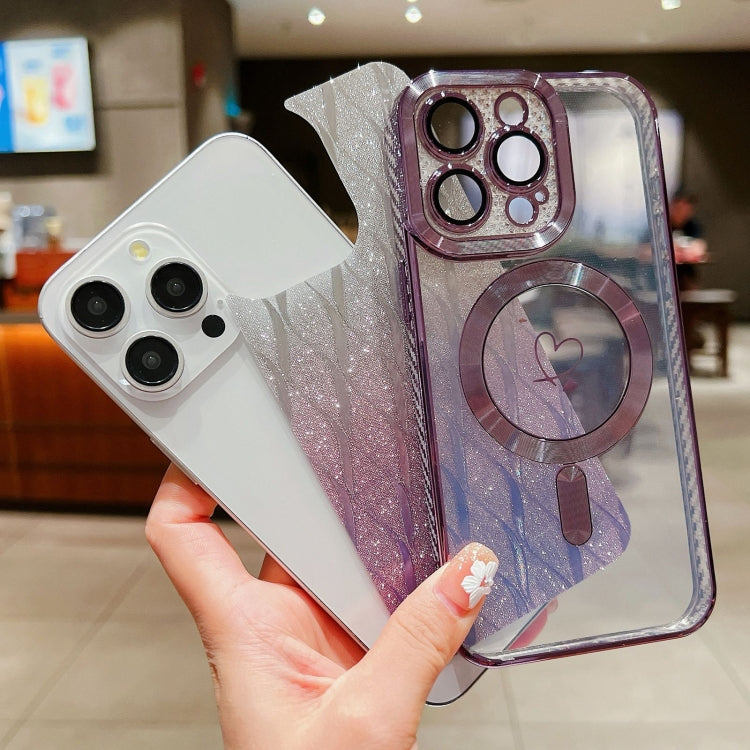 For iPhone 15 Pro Loves Leaves Gradient Glitter Carbon Fiber Magsafe TPU Phone Case(Purple) by buy2fix