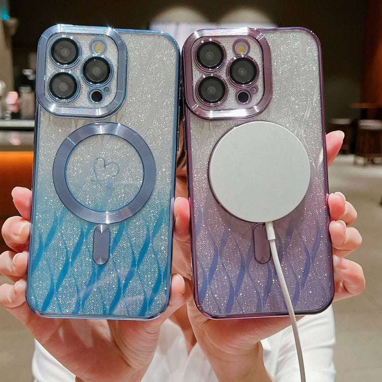 For iPhone 15 Pro Loves Leaves Gradient Glitter Carbon Fiber Magsafe TPU Phone Case(Purple) by buy2fix