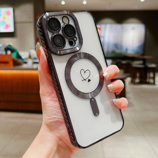 For iPhone 15 Pro Loves Carbon Fiber Clear Plated Magsafe TPU Phone Case(Black) by buy2fix