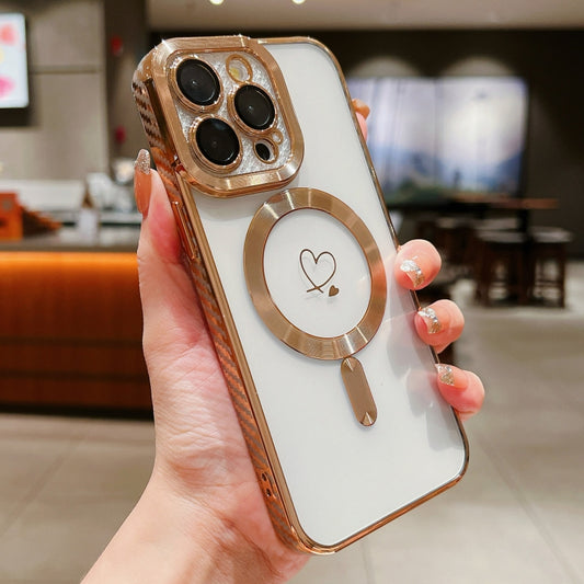 For iPhone 15 Pro Loves Carbon Fiber Clear Plated Magsafe TPU Phone Case(Gold) by buy2fix