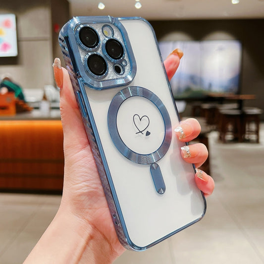 For iPhone 15 Pro Loves Carbon Fiber Clear Plated Magsafe TPU Phone Case(Blue) by buy2fix