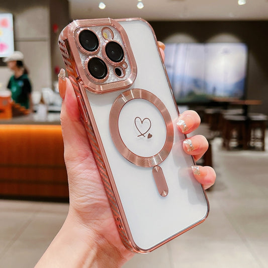 For iPhone 15 Pro Loves Carbon Fiber Clear Plated Magsafe TPU Phone Case(Rose Pink) by buy2fix