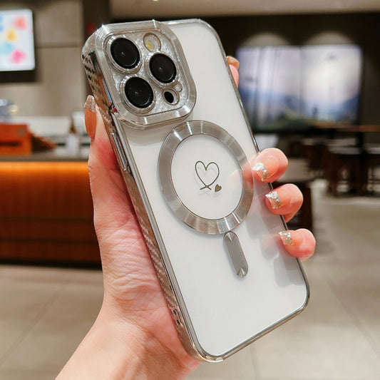 For iPhone 15 Pro Loves Carbon Fiber Clear Plated Magsafe TPU Phone Case(Silver) by buy2fix