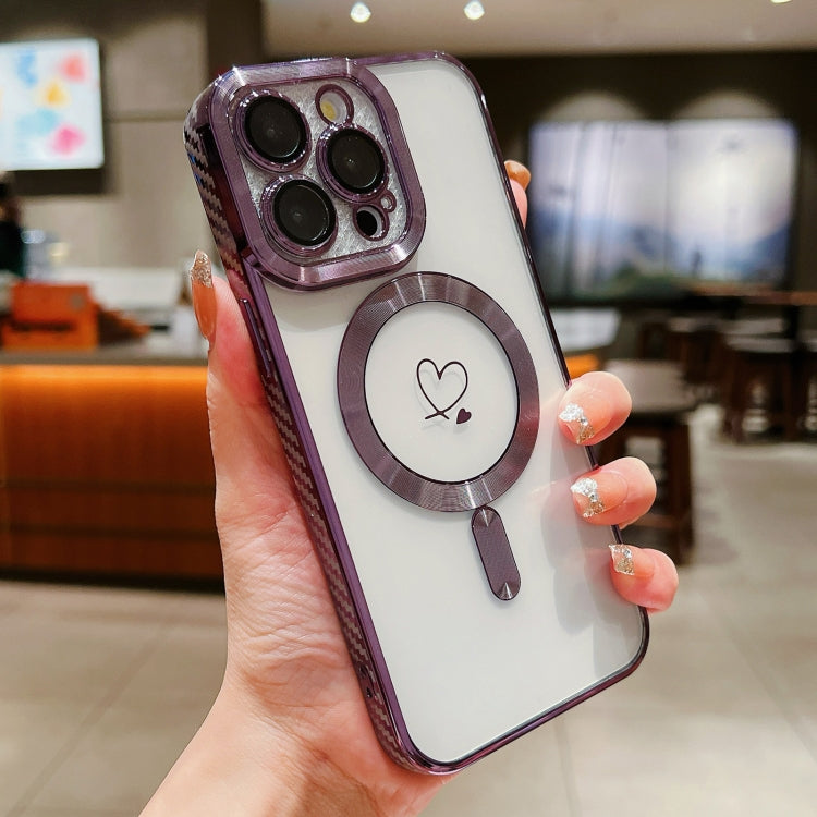 For iPhone 15 Pro Loves Carbon Fiber Clear Plated Magsafe TPU Phone Case(Purple) by buy2fix
