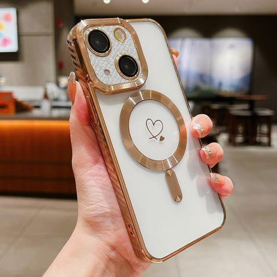 For iPhone 15 Plus Loves Carbon Fiber Clear Plated Magsafe TPU Phone Case(Gold)