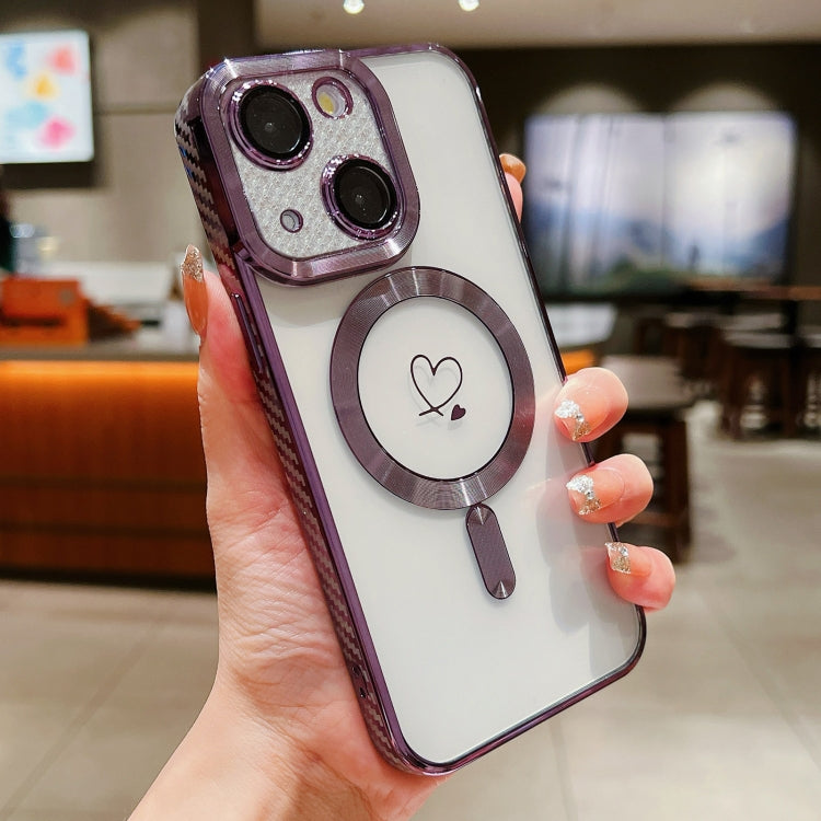 For iPhone 15 Plus Loves Carbon Fiber Clear Plated Magsafe TPU Phone Case(Purple) - iPhone 15 Plus Cases by buy2fix | Online Shopping UK | buy2fix