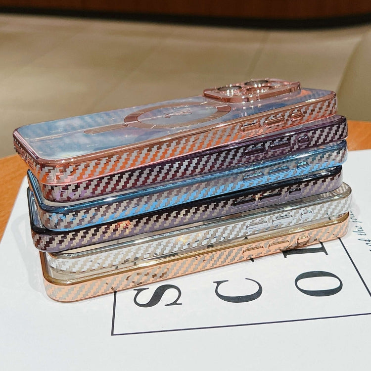 For iPhone 15 Pro Loves Carbon Fiber Clear Plated Magsafe TPU Phone Case(Rose Pink) by buy2fix
