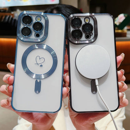 For iPhone 15 Pro Loves Carbon Fiber Clear Plated Magsafe TPU Phone Case(Rose Pink) by buy2fix