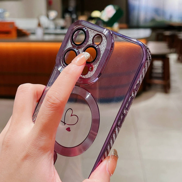 For iPhone 15 Pro Loves Carbon Fiber Clear Plated Magsafe TPU Phone Case(Rose Pink) by buy2fix