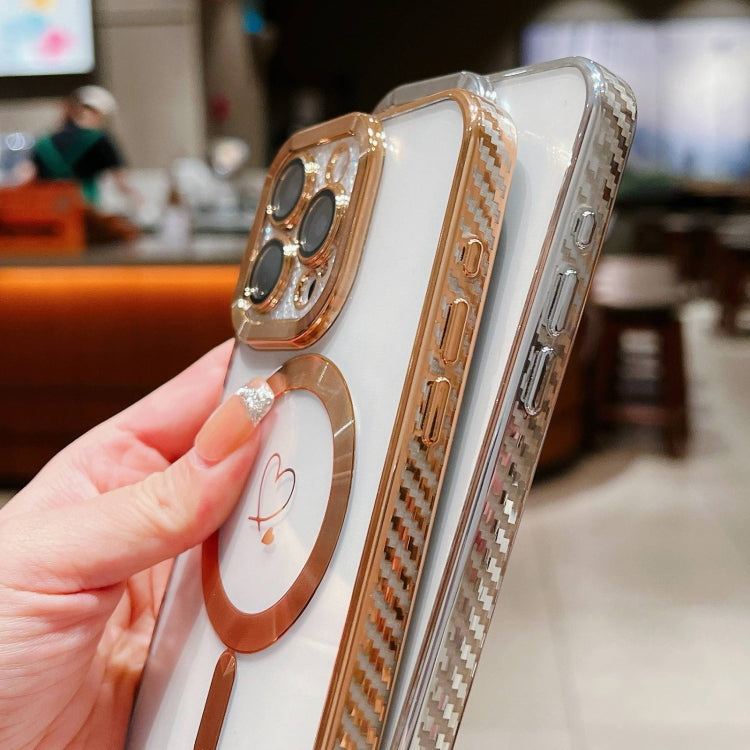 For iPhone 15 Pro Loves Carbon Fiber Clear Plated Magsafe TPU Phone Case(Rose Pink) by buy2fix