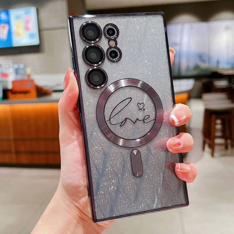 For Samsung Galaxy S25 Ultra 5G Dual-Love Leaves Gradient Glitter MagSafe TPU Phone Case(Black) by buy2fix