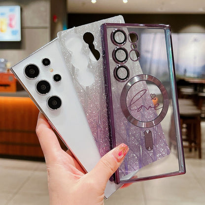 For Samsung Galaxy S25 Ultra 5G Dual-Love Leaves Gradient Glitter MagSafe TPU Phone Case(Black) by buy2fix