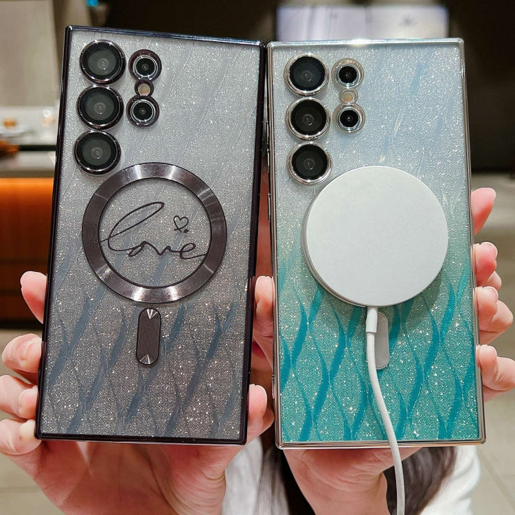 For Samsung Galaxy S25 Ultra 5G Dual-Love Leaves Gradient Glitter MagSafe TPU Phone Case(Black) by buy2fix