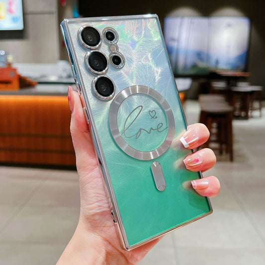 For Samsung Galaxy S25 Ultra 5G Dual-Love Feather Gradient Glitter MagSafe TPU Phone Case(Green) by buy2fix