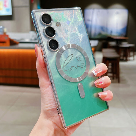 For Samsung Galaxy S25+ 5G Dual-Love Feather Gradient Glitter MagSafe TPU Phone Case(Green) by buy2fix