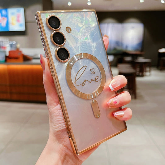 For Samsung Galaxy S25 5G Dual-Love Feather Gradient Glitter MagSafe TPU Phone Case(Gold) by buy2fix