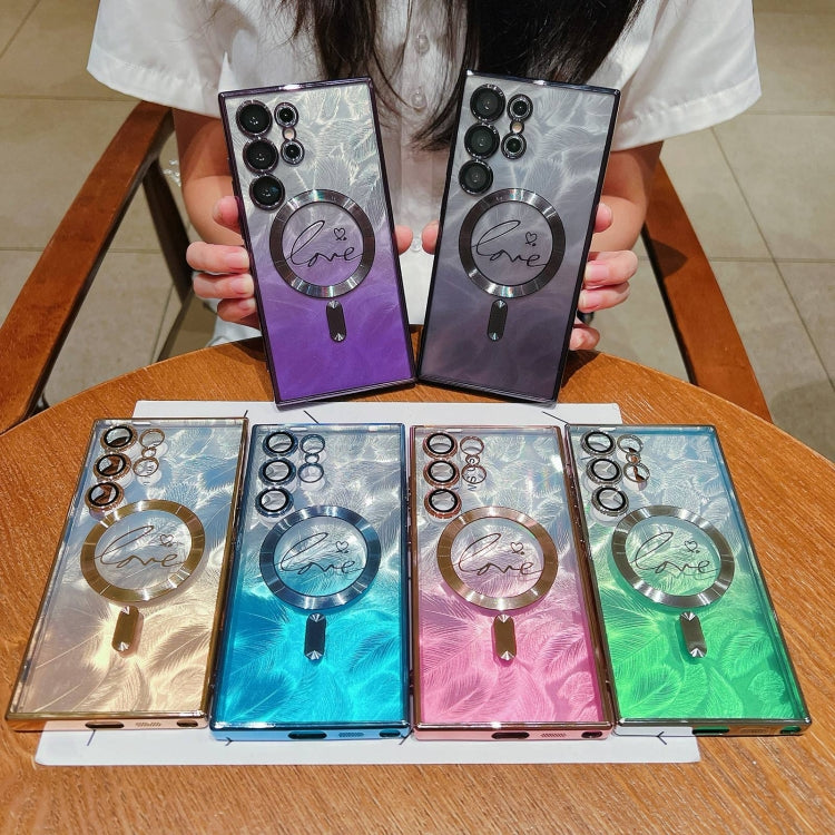 For Samsung Galaxy S25+ 5G Dual-Love Feather Gradient Glitter MagSafe TPU Phone Case(Green) by buy2fix