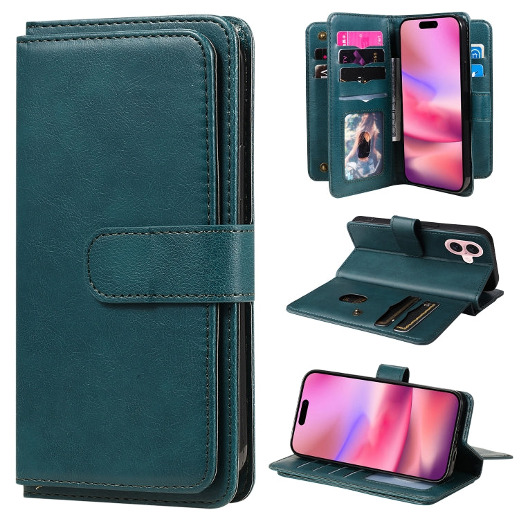 For iPhone 16 Multi-Function Wallet 10 Card Slots Leather Phone Case(Dark Green) - iPhone 16 Cases by buy2fix | Online Shopping UK | buy2fix