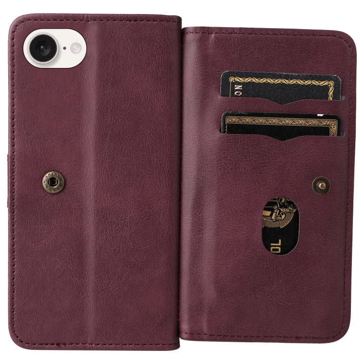 For iPhone 16e Multi-Function Wallet 10 Card Slots Leather Phone Case(Claret) by buy2fix