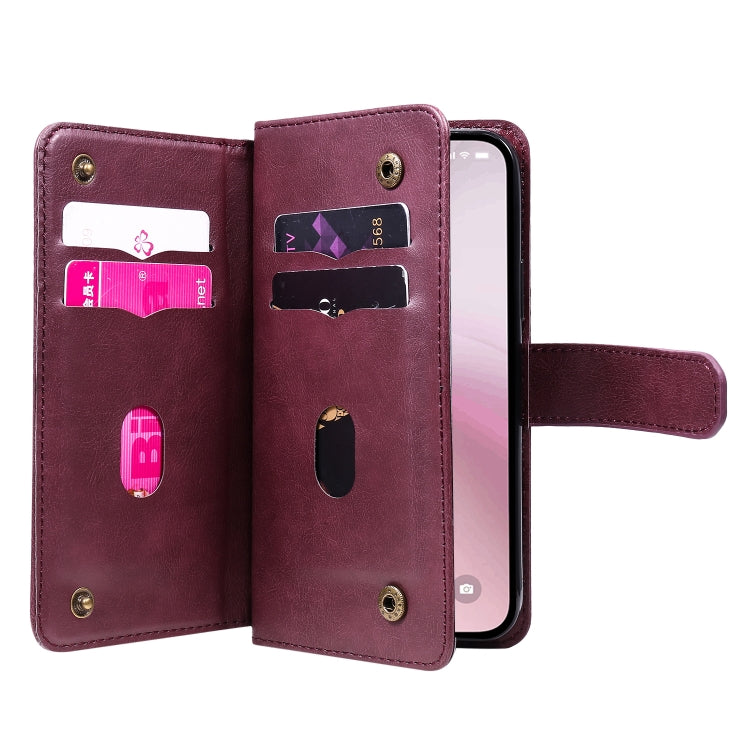 For iPhone 16e Multi-Function Wallet 10 Card Slots Leather Phone Case(Claret) by buy2fix