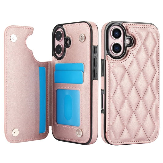 For iPhone 16 Double Buckle Rhombic PU Leather Phone Case(Rose Gold) by buy2fix