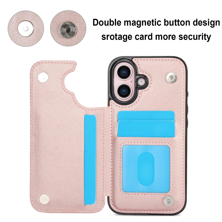 For iPhone 16 Double Buckle Rhombic PU Leather Phone Case(Rose Gold) - iPhone 16 Cases by buy2fix | Online Shopping UK | buy2fix