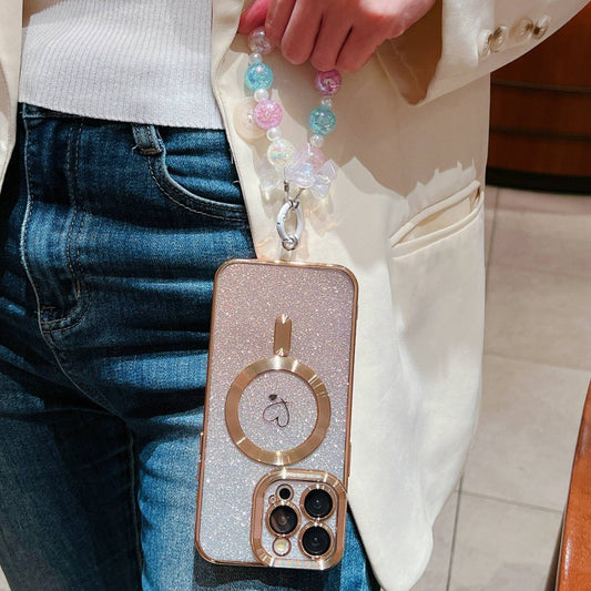 For iPhone 15 Plus Loves Gradient Glitter Bracelets Carbon Fiber Magsafe TPU Phone Case(Gold) by buy2fix