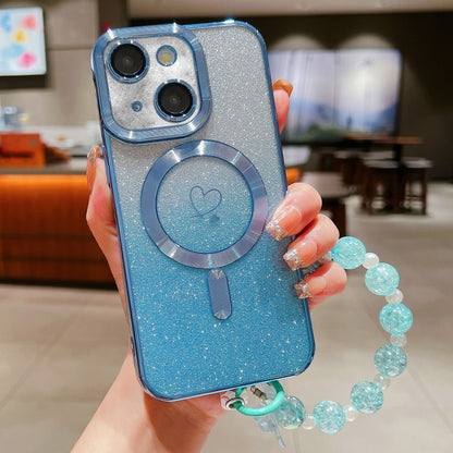 For iPhone 15 Plus Loves Gradient Glitter Bracelets Carbon Fiber Magsafe TPU Phone Case(Blue) - iPhone 15 Plus Cases by buy2fix | Online Shopping UK | buy2fix