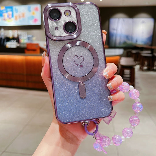 For iPhone 15 Plus Loves Gradient Glitter Bracelets Carbon Fiber Magsafe TPU Phone Case(Purple)