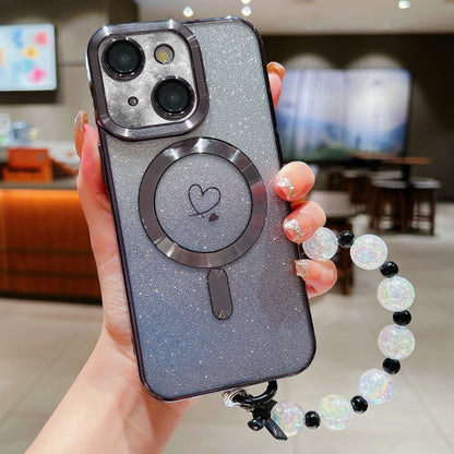 For iPhone 14 Plus Loves Gradient Glitter Bracelets Carbon Fiber Magsafe TPU Phone Case(Black) by buy2fix