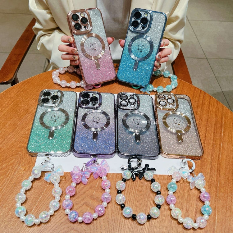 For iPhone 15 Pro Loves Gradient Glitter Bracelets Carbon Fiber Magsafe TPU Phone Case(Pink) by buy2fix