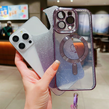 For iPhone 14 Plus Loves Gradient Glitter Bracelets Carbon Fiber Magsafe TPU Phone Case(Black) by buy2fix