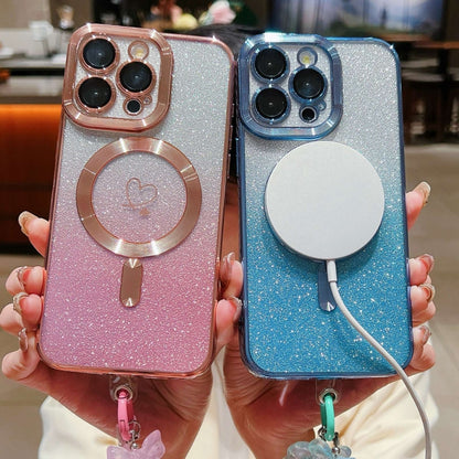 For iPhone 15 Pro Loves Gradient Glitter Bracelets Carbon Fiber Magsafe TPU Phone Case(Pink) by buy2fix