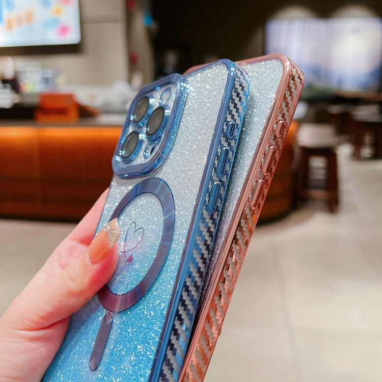 For iPhone 15 Pro Loves Gradient Glitter Bracelets Carbon Fiber Magsafe TPU Phone Case(Pink) by buy2fix