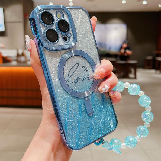 For iPhone 16 Pro Dual-Love Leaves Gradient Glitter Bracelets Magsafe TPU Phone Case(Blue) - iPhone 16 Pro Cases by buy2fix | Online Shopping UK | buy2fix