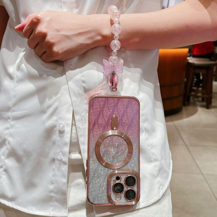 For iPhone 16 Plus Dual-Love Leaves Gradient Glitter Bracelets Magsafe TPU Phone Case(Pink) by buy2fix