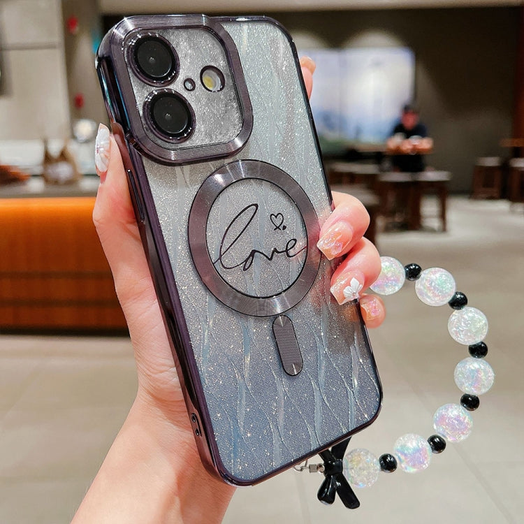 For iPhone 16 Plus Dual-Love Leaves Gradient Glitter Bracelets Magsafe TPU Phone Case(Black) by buy2fix